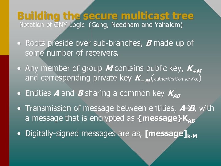 Building the secure multicast tree Notation of GNY Logic (Gong, Needham and Yahalom) •
