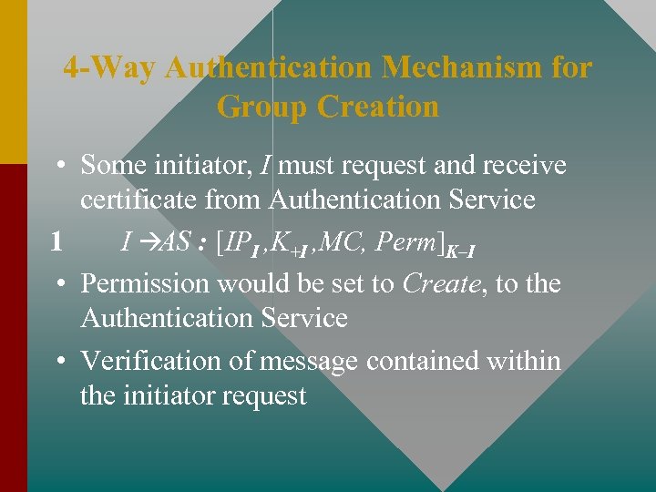 4 -Way Authentication Mechanism for Group Creation • Some initiator, I must request and
