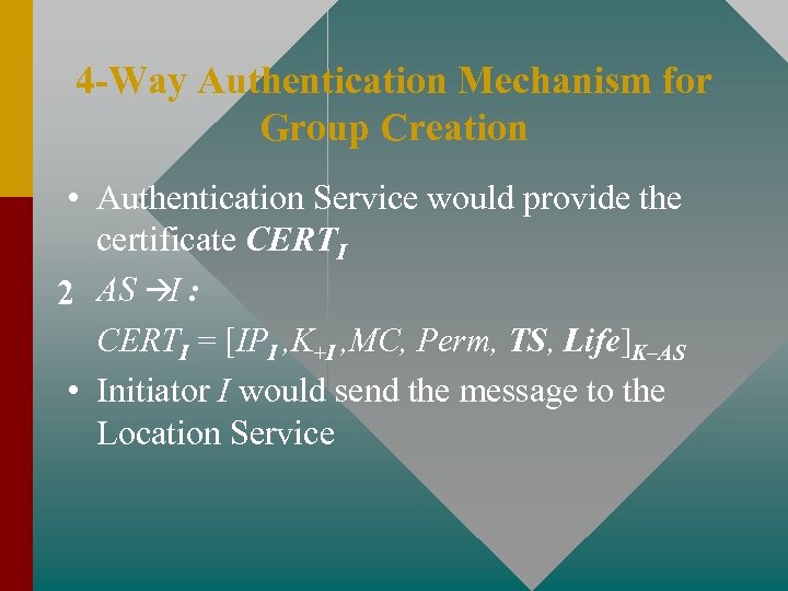 4 -Way Authentication Mechanism for Group Creation • Authentication Service would provide the certificate