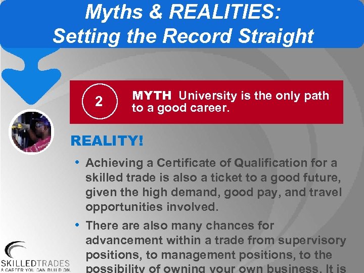 Myths & REALITIES: Setting the Record Straight 2 MYTH University is the only path
