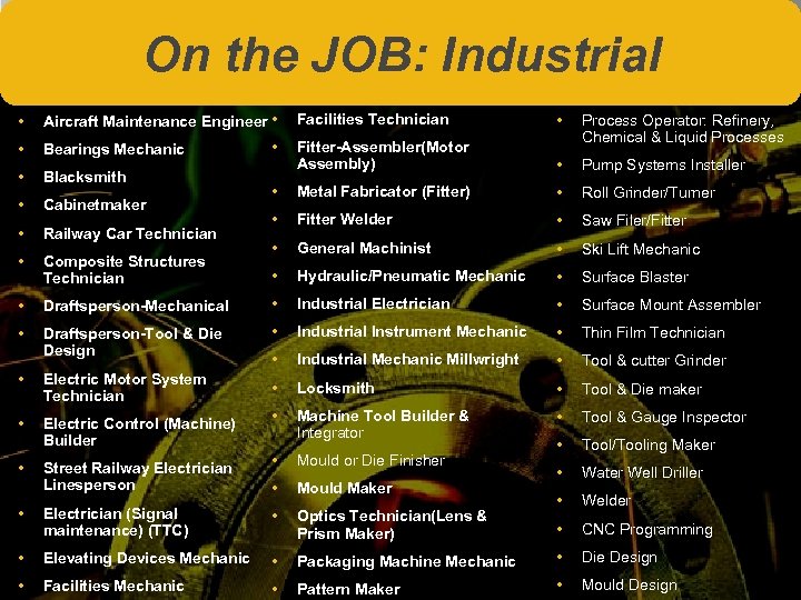 On the JOB: Industrial • Aircraft Maintenance Engineer • • Bearings Mechanic • Blacksmith