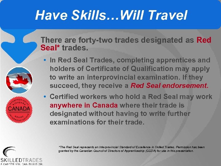 Have Skills…Will Travel There are forty-two trades designated as Red Seal* trades. • In