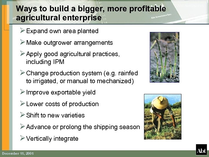 Ways to build a bigger, more profitable agricultural enterprise Ø Expand own area planted