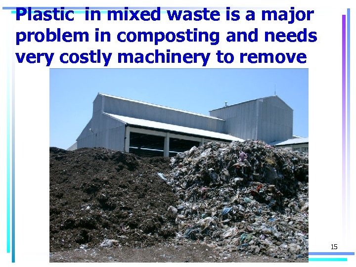 Plastic in mixed waste is a major problem in composting and needs very costly