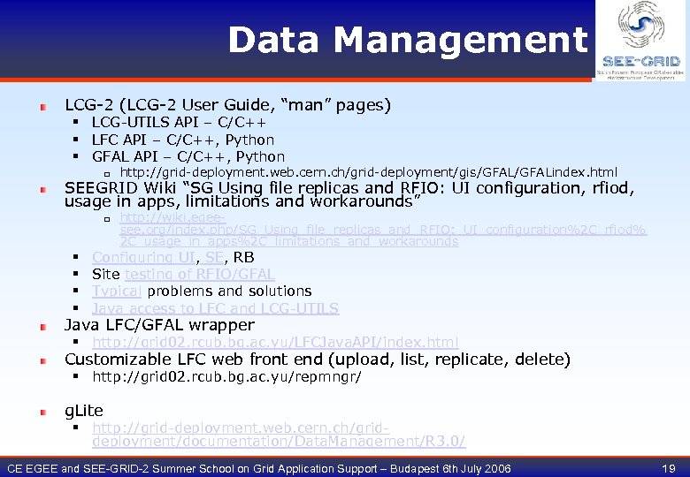 Data Management LCG-2 (LCG-2 User Guide, “man” pages) § LCG-UTILS API – C/C++ §