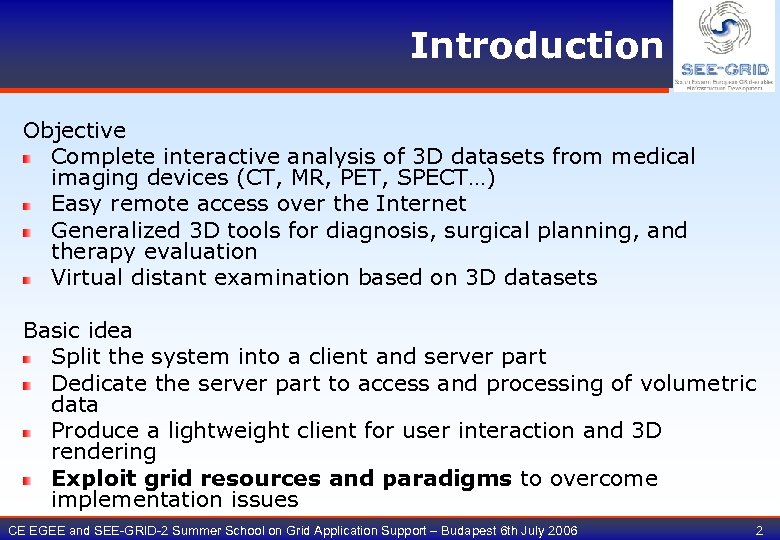 Introduction Objective Complete interactive analysis of 3 D datasets from medical imaging devices (CT,