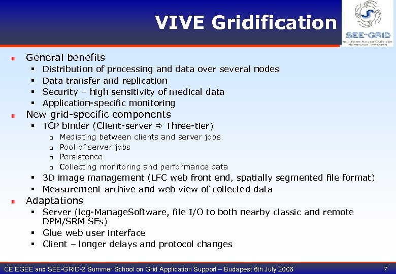 VIVE Gridification General benefits § § Distribution of processing and data over several nodes