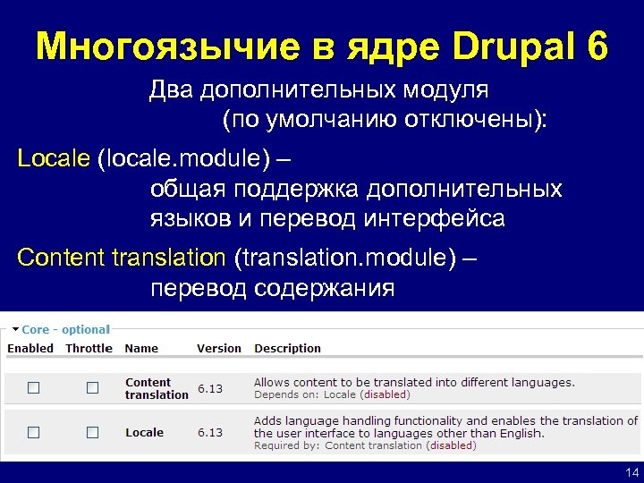 Многоязычие в ядре Drupal 6 Два дополнительных модуля (по умолчанию отключены): Locale (locale. module)