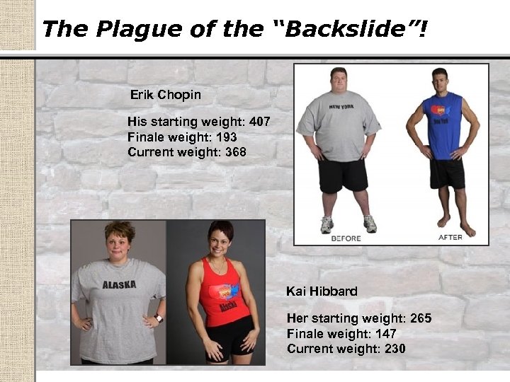 The Plague of the “Backslide”! Erik Chopin His starting weight: 407 Finale weight: 193