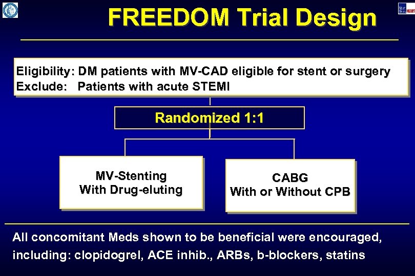 FREEDOM Trial Design Eligibility: DM patients with MV-CAD eligible for stent or surgery Exclude: