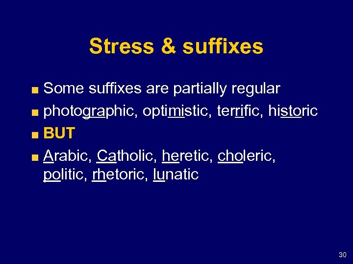 Stress & suffixes Some suffixes are partially regular photographic, optimistic, terrific, historic BUT Arabic,