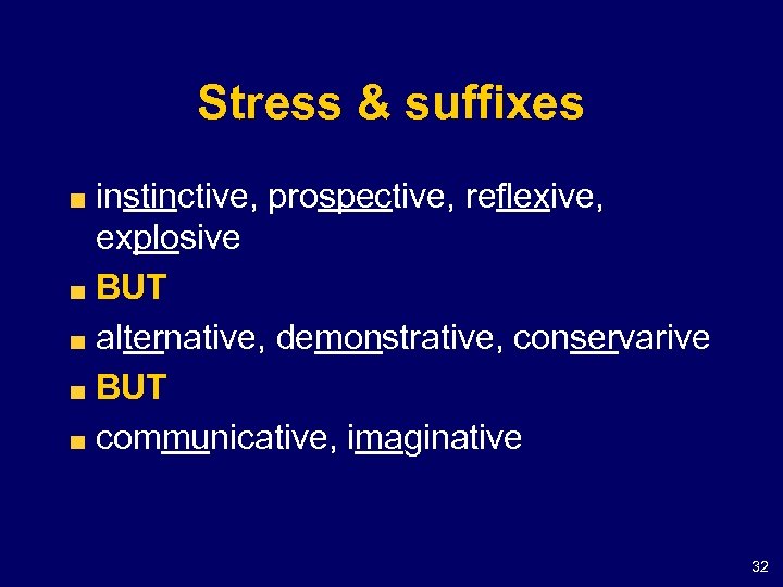 Stress & suffixes instinctive, prospective, reflexive, explosive BUT alternative, demonstrative, conservarive BUT communicative, imaginative