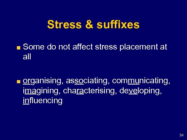 Stress & suffixes Some do not affect stress placement at all organising, associating, communicating,