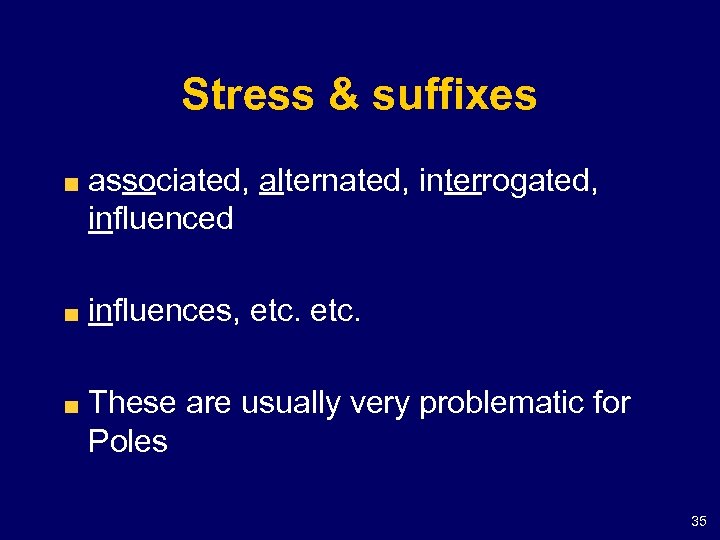 Stress & suffixes associated, alternated, interrogated, influenced influences, etc. These are usually very problematic