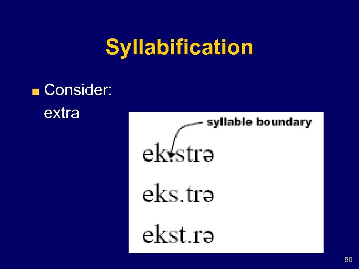 Syllabification Consider: extra 50 