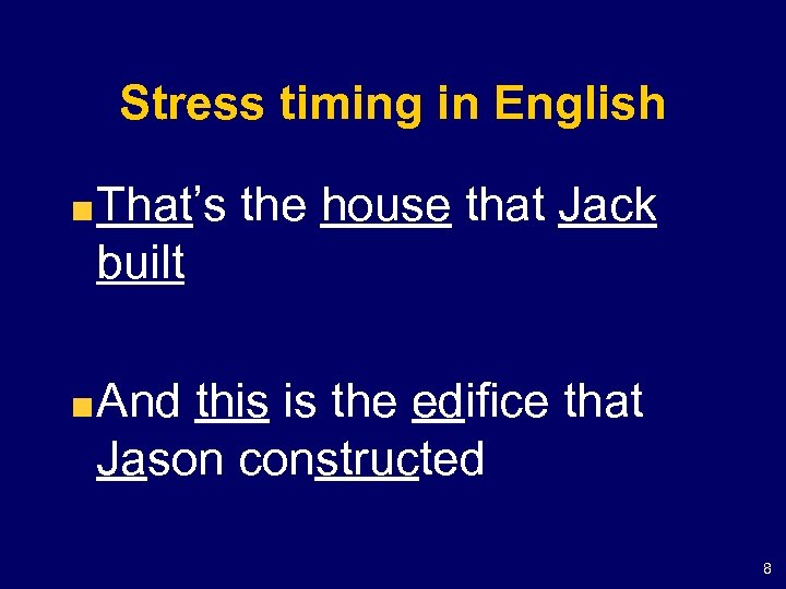Stress timing in English That’s the house that Jack built And this is the