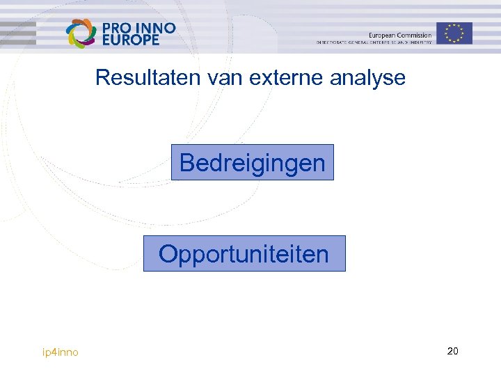 Resultaten van externe analyse Bedreigingen Opportuniteiten ip 4 inno 20 