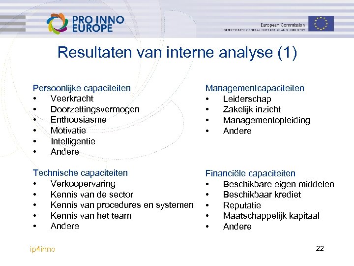 Resultaten van interne analyse (1) Persoonlijke capaciteiten • Veerkracht • Doorzettingsvermogen • Enthousiasme •