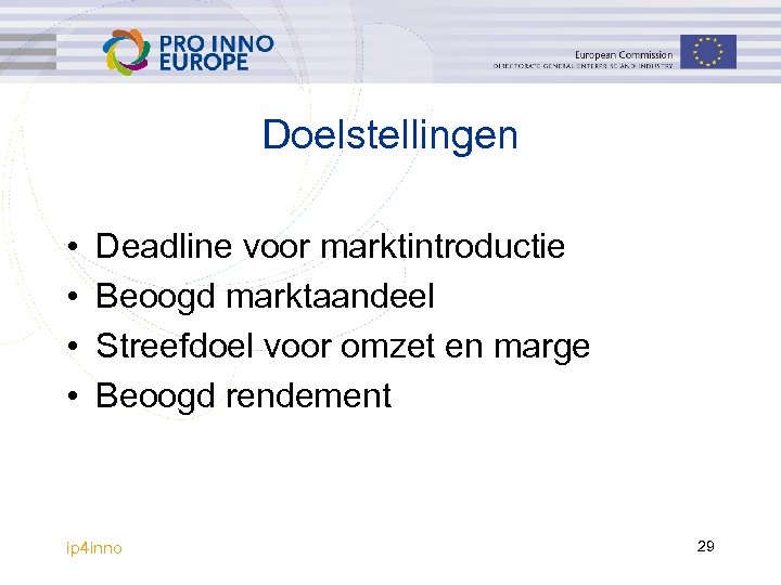 Doelstellingen • • Deadline voor marktintroductie Beoogd marktaandeel Streefdoel voor omzet en marge Beoogd