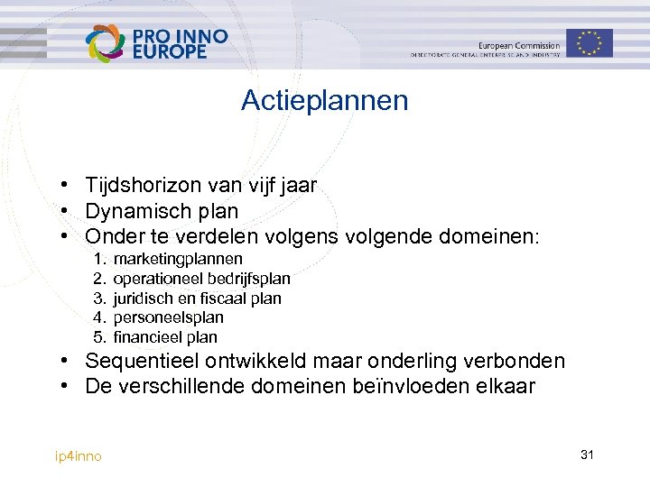 Actieplannen • Tijdshorizon van vijf jaar • Dynamisch plan • Onder te verdelen volgens