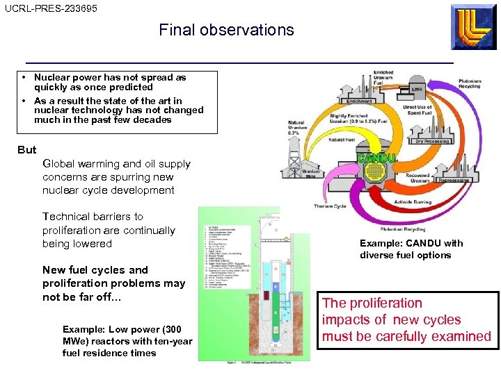 UCRL-PRES-233695 Final observations • Nuclear power has not spread as quickly as once predicted