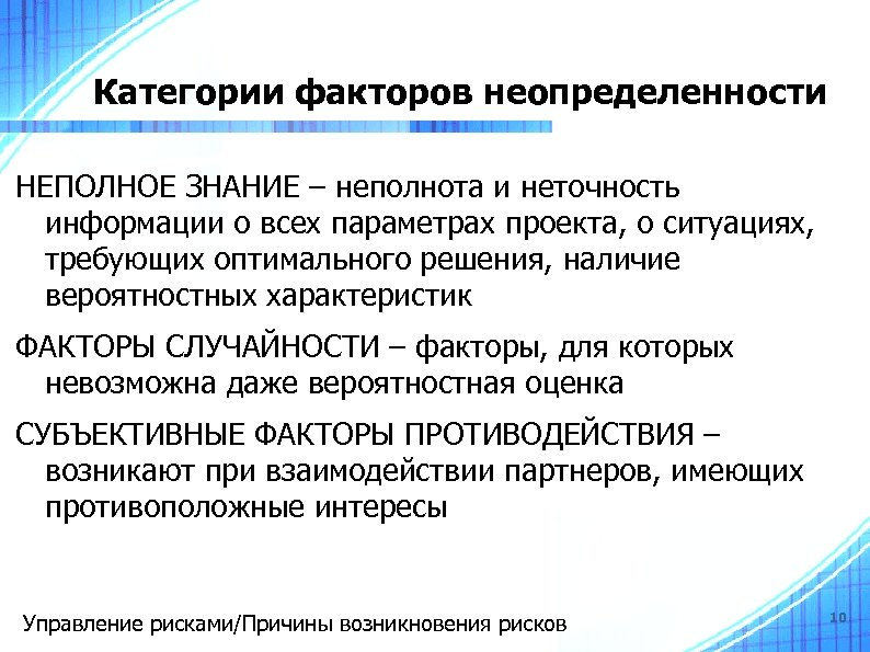 Категории факторов неопределенности НЕПОЛНОЕ ЗНАНИЕ – неполнота и неточность информации о всех параметрах проекта,