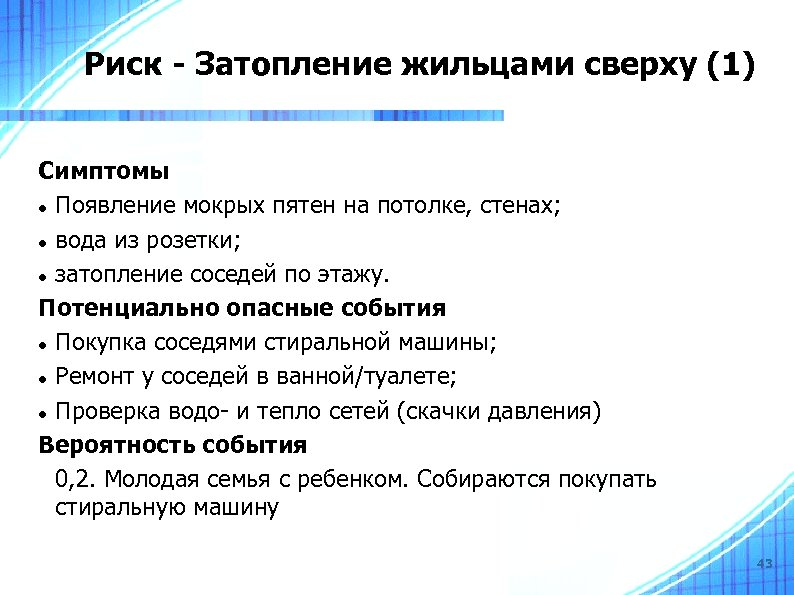 Риск - Затопление жильцами сверху (1) Симптомы Появление мокрых пятен на потолке, стенах; вода