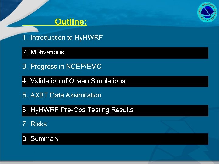 Outline: 1. Introduction to Hy. HWRF 2. Motivations 3. Progress in NCEP/EMC 4. Validation