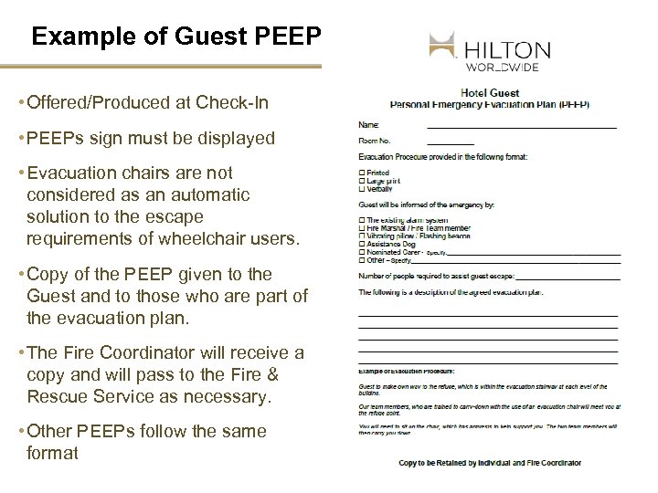 Example of Guest PEEP • Offered/Produced at Check-In • PEEPs sign must be displayed