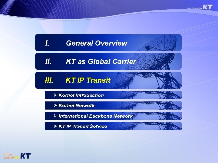 I. General Overview II. KT as Global Carrier III. KT IP Transit Ø Kornet