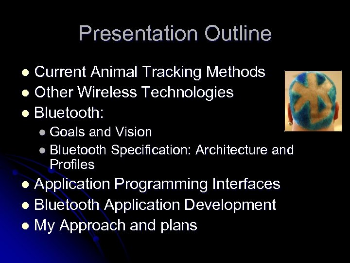 Presentation Outline Current Animal Tracking Methods l Other Wireless Technologies l Bluetooth: l l