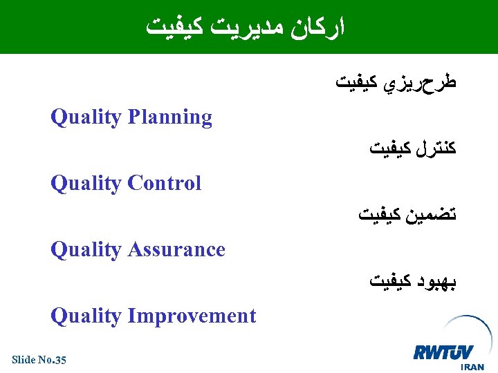  ﺍﺭﻛﺎﻥ ﻣﺪﻳﺮﻳﺖ ﻛﻴﻔﻴﺖ ﻃﺮﺡﺭﻳﺰﻱ ﻛﻴﻔﻴﺖ Quality Planning ﻛﻨﺘﺮﻝ ﻛﻴﻔﻴﺖ Quality Control ﺗﻀﻤﻴﻦ ﻛﻴﻔﻴﺖ
