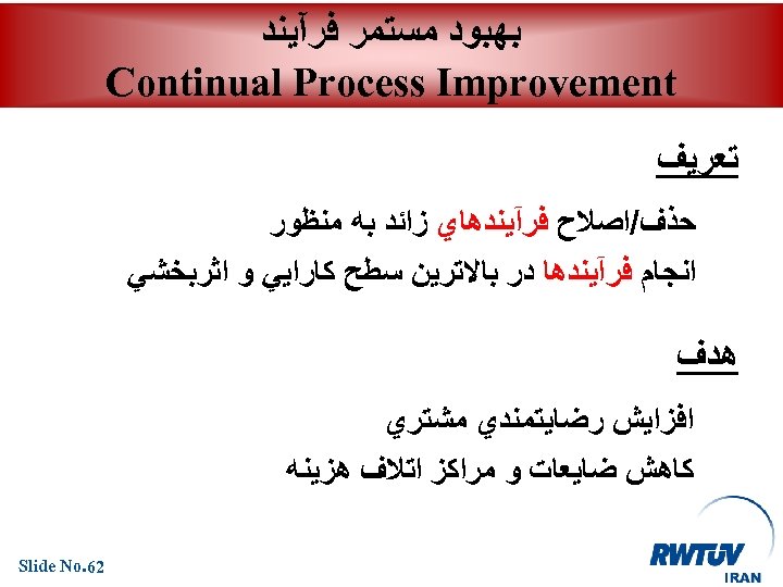 ﺑﻬﺒﻮﺩ ﻣﺴﺘﻤﺮ ﻓﺮآﻴﻨﺪ Continual Process Improvement ﺗﻌﺮﻳﻒ ﺣﺬﻑ/ﺍﺻﻼﺡ ﻓﺮآﻴﻨﺪﻫﺎﻱ ﺯﺍﺋﺪ ﺑﻪ ﻣﻨﻈﻮﺭ ﺍﻧﺠﺎﻡ