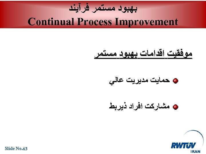  ﺑﻬﺒﻮﺩ ﻣﺴﺘﻤﺮ ﻓﺮآﻴﻨﺪ Continual Process Improvement ﻣﻮﻓﻘﻴﺖ ﺍﻗﺪﺍﻣﺎﺕ ﺑﻬﺒﻮﺩ ﻣﺴﺘﻤﺮ ﺣﻤﺎﻳﺖ ﻣﺪﻳﺮﻳﺖ ﻋﺎﻟﻲ