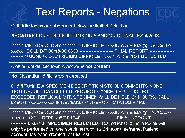 Text Reports - Negations C. difficile toxins are absent or below the limit of