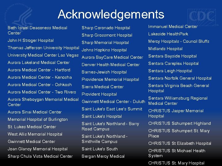 Acknowledgements Beth Israel Deaconess Medical Center John H Stroger Hospital Thomas Jefferson University Hospital