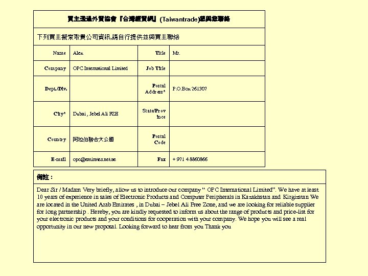 買主透過外貿協會『台灣經貿網』(Taiwantrade)想與您聯絡 下列買主擬索取貴公司資訊, 請自行提供並與買主聯絡 Name Alex Title Mr. Company OPC International Limited Job Title Dept.