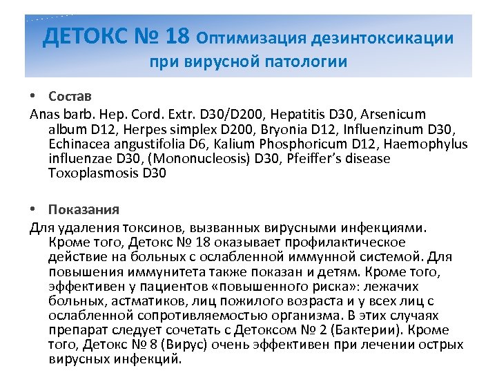 ДЕТОКС № 18 Оптимизация дезинтоксикации при вирусной патологии • Состав Anas barb. Hep. Cord.