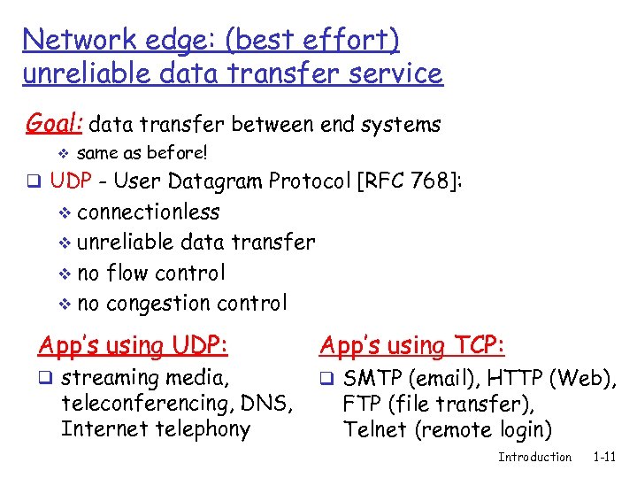 Network edge: (best effort) unreliable data transfer service Goal: data transfer between end systems