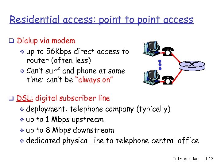Residential access: point to point access q Dialup via modem up to 56 Kbps