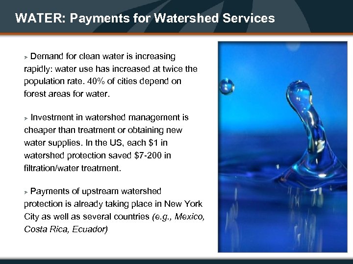 WATER: Payments for Watershed Services Demand for clean water is increasing rapidly: water use