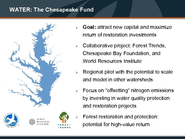 WATER: The Chesapeake Fund Ø Ø Goal: attract new capital and maximize return of