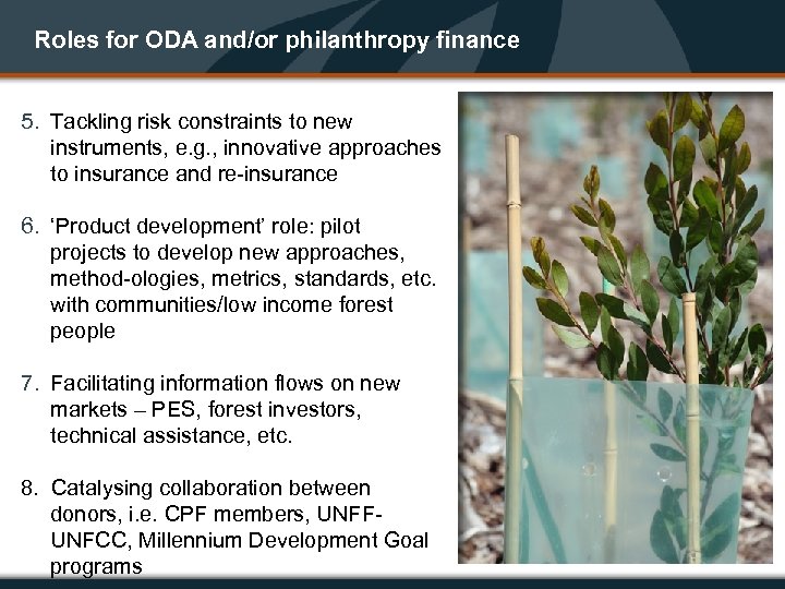 Roles for ODA and/or philanthropy finance 5. Tackling risk constraints to new instruments, e.