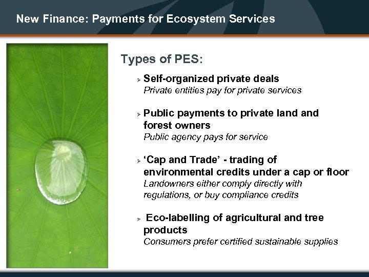 New Finance: Payments for Ecosystem Services Types of PES: Ø Self-organized private deals Private