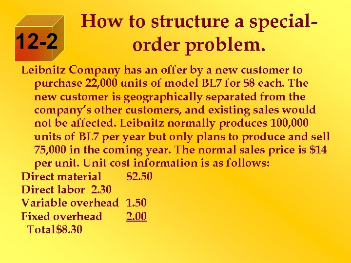 12 -2 How to structure a specialorder problem. Leibnitz Company has an offer by