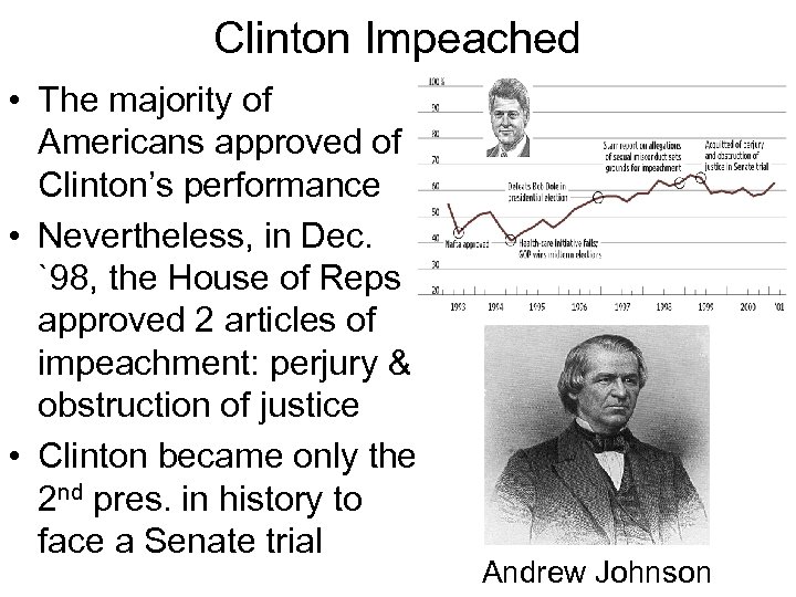 Clinton Impeached • The majority of Americans approved of Clinton’s performance • Nevertheless, in