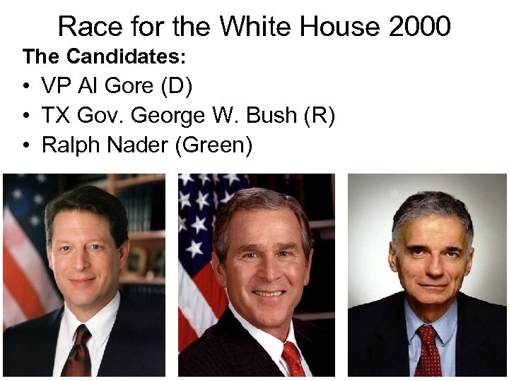 Race for the White House 2000 The Candidates: • VP Al Gore (D) •