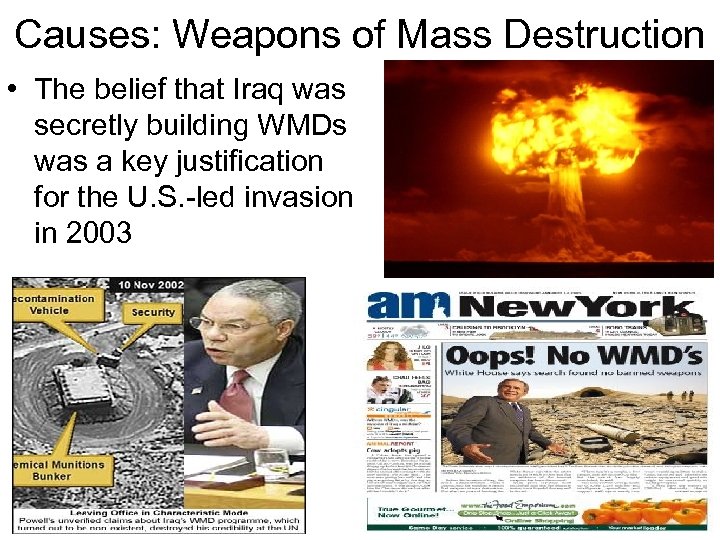 Causes: Weapons of Mass Destruction • The belief that Iraq was secretly building WMDs