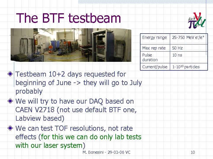 The BTF testbeam Energy range 25 -750 Me. V e-/e+ Max rep rate 50