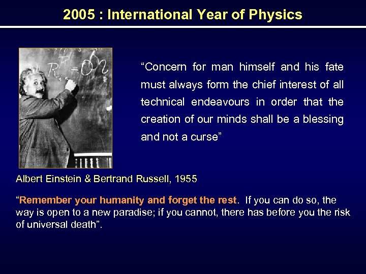 2005 : International Year of Physics “Concern for man himself and his fate must